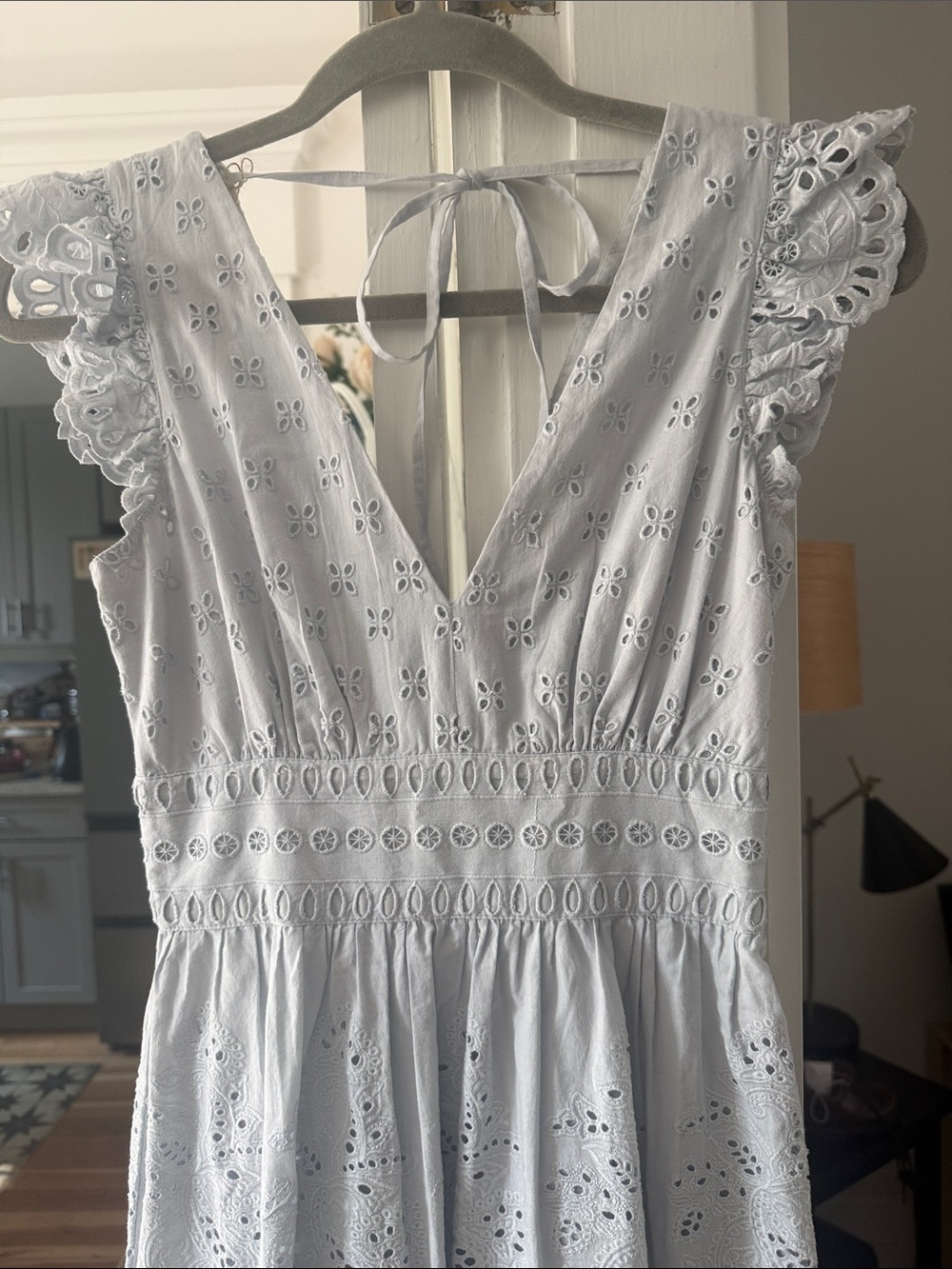 INTERMIX light blue eyelet V-Neck maxi  tiered dress capped sleeves.